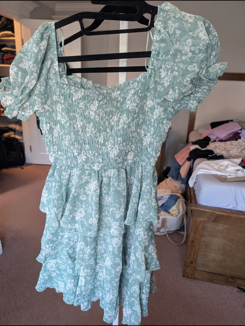 Floral Smocked Mini Dress in Sage Green